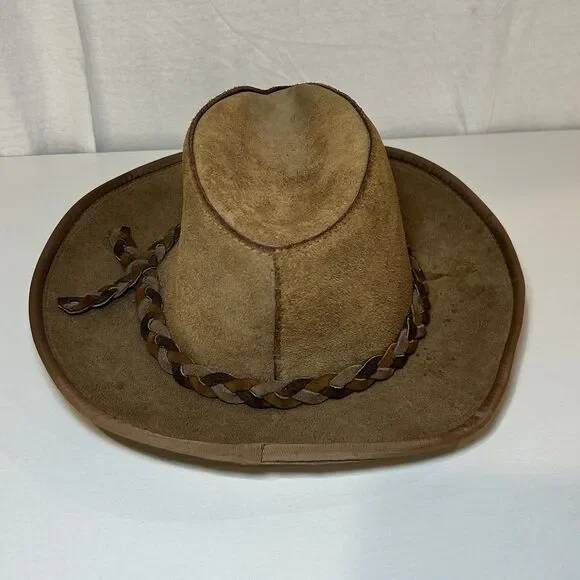 Vtg Henschel Skullys Braid Suede Hat LG Cowhide Leather Outback Bush USA Cowboy - Picture 3 of 8